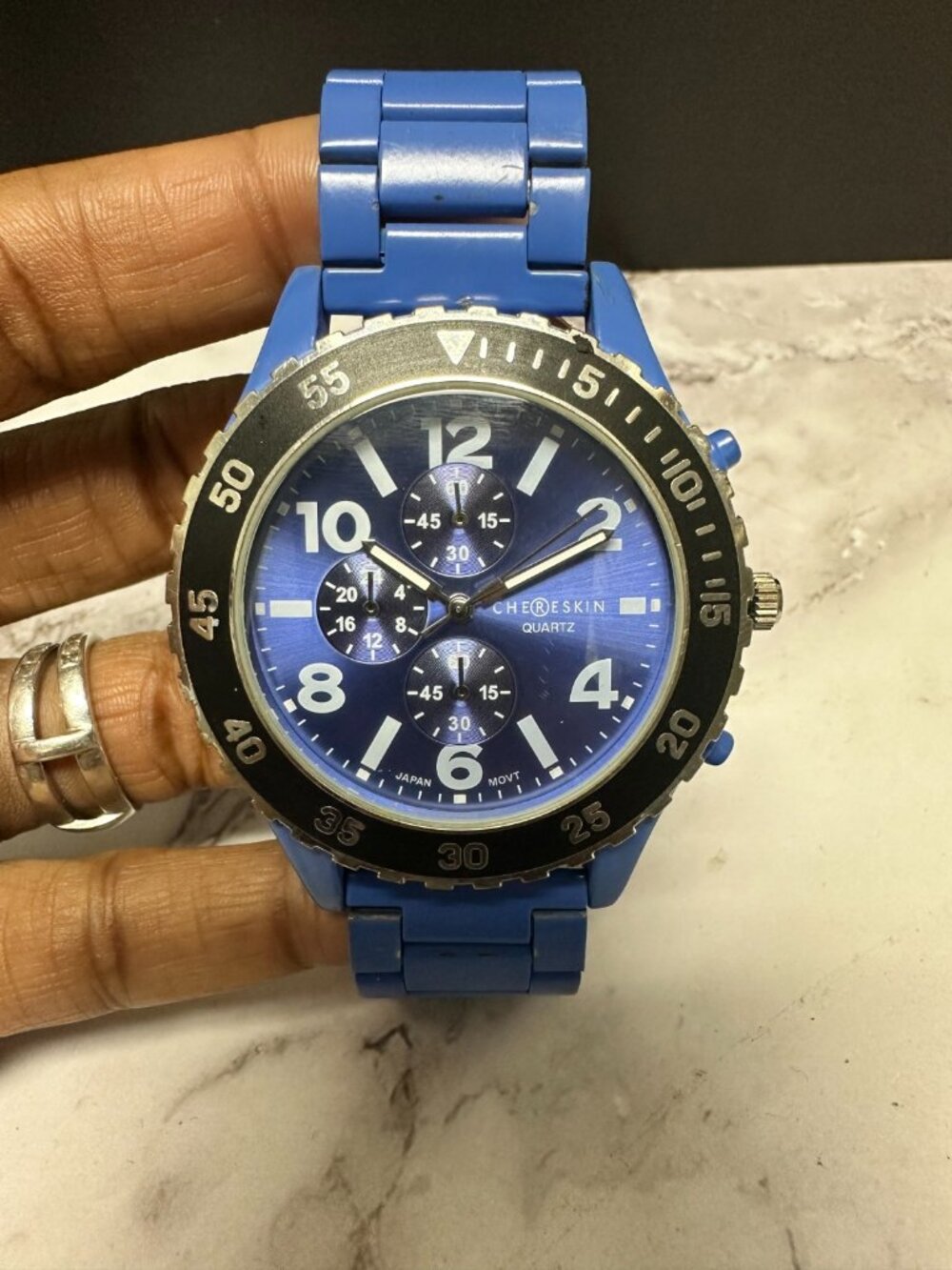 3/$30 Chereskin Watch Men Silver Tone Blue Faux Chrono Dial New Battery 8.75"
